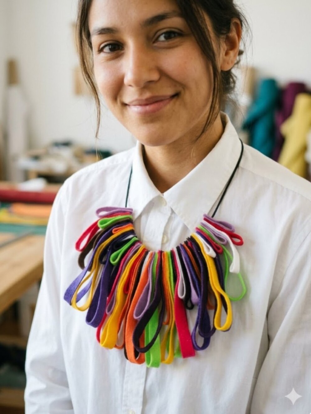 Handmade Whimsical Felt Loop Multicolor Statement Necklace Black Leather Cord